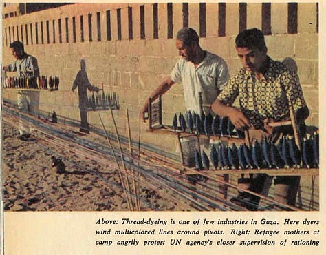 A photo series by David Douglas Duncan depicting life in Gaza’s refugee camps in 1956. Images include men sitting outside makeshift huts near the Mediterranean; workers dyeing thread for scarce income; women protesting rationing; boys studying along the roadside; injured children comforted at a local hospital; children building sand castles and playing jacks on the beach; women carrying sand from the sea for construction; and a man salvaging metal lids for reuse. Together, these images portray the resilience and resourcefulness of a displaced people enduring life under siege.