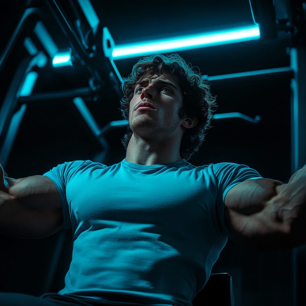 Fit male bodybuilder wearing light blue training in the gym.