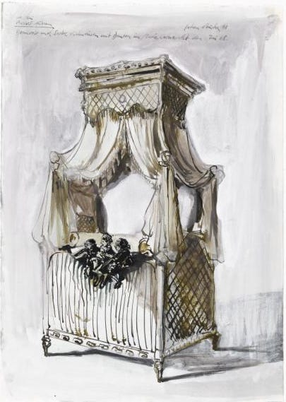 Dessin d’art: Sartre, De Beauvoir discutent avec Danton, dans un lit à Baldaquin en mai 1968. Musée Carnavalet, Paris.