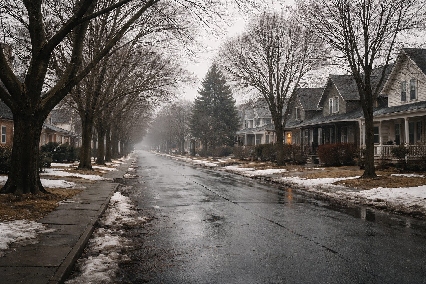 A quiet residential street in early February with melted snow, damp pavement, bare trees, and overcast light.
