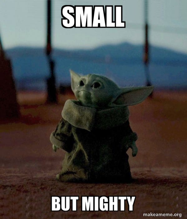 A picture of Yoda with the caption ‘small but mighty’
