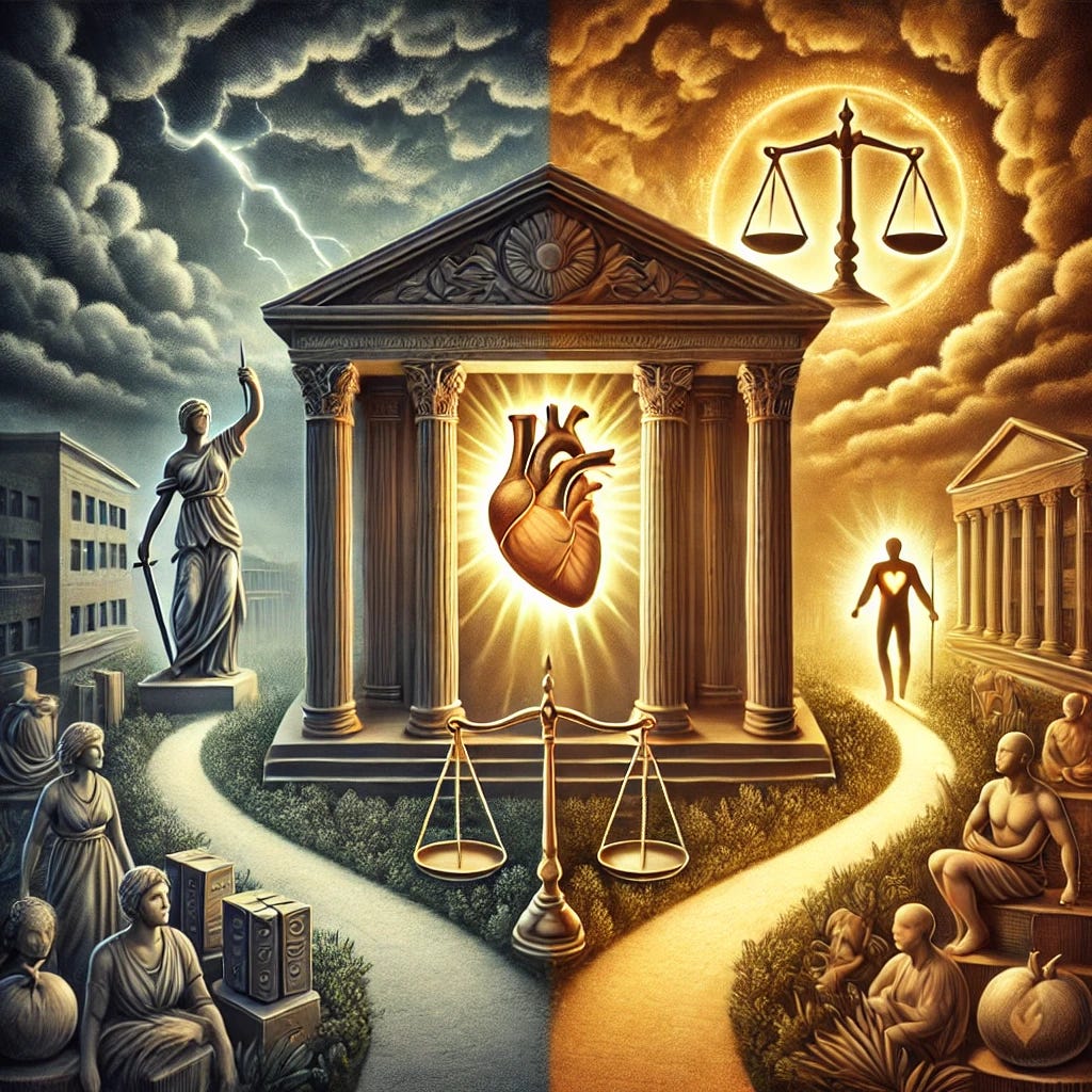 A detailed conceptual illustration symbolizing a contention between 'law' and 'ethics'. On one side, a classical courthouse building, representing 'law,' stands with scales and books of legal codes, appearing rigid and structured. On the other side, a warm light emanates around a figure holding a heart, symbolizing 'ethics,' surrounded by symbolic human figures and compassion. The two sides face each other in a dramatic visual tension, separated by a winding path, symbolizing the journey of moral decisions. A cloudy, dramatic sky overhead enhances the sense of contrast between the two concepts. 