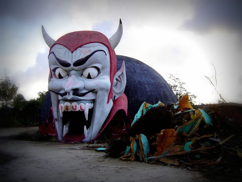 An amusement park's devil entrance to a ride.