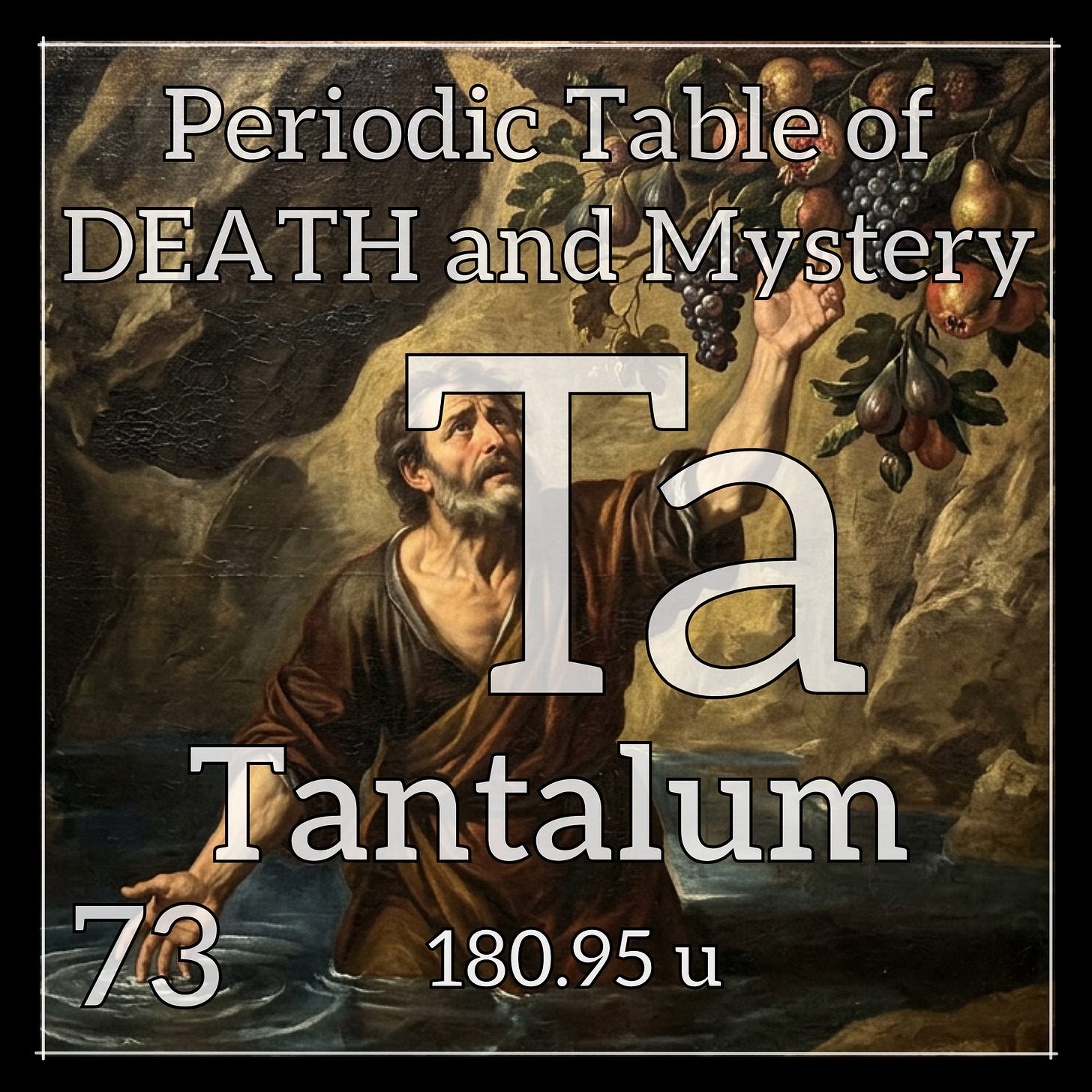 A Renaissance painting of Tantalus in water trying to reach fruit laden trees A Renaissance painting of Tantalus in water trying to reach fruit laden trees