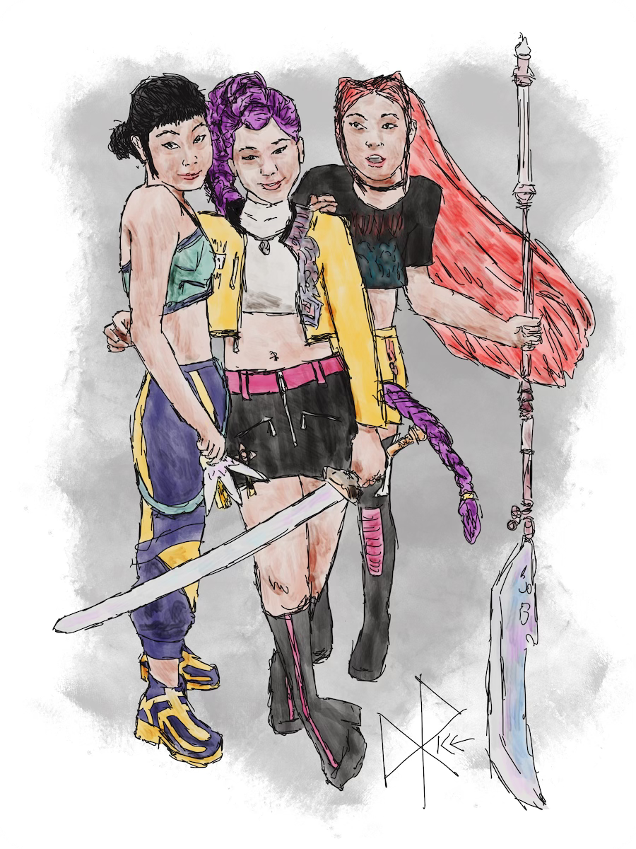 The K-pop girl group, Huntr/x (Rumi, Mira, and Zoey), who lead double lives as demon hunters. Sketch art by Don Rice. The K-pop girl group, Huntr/x (Rumi, Mira, and Zoey), who lead double lives as demon hunters. Sketch art by Don Rice.