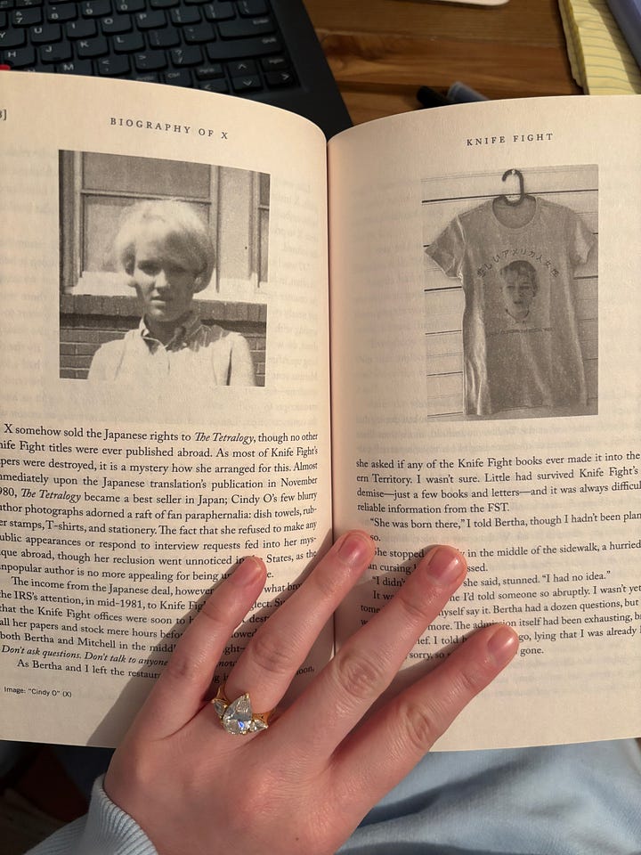 pages from a book, one featuring a handwritten note on paper, and the other featuring a photograph of a woman and a photograph of a t-shirt with the woman's face on it
