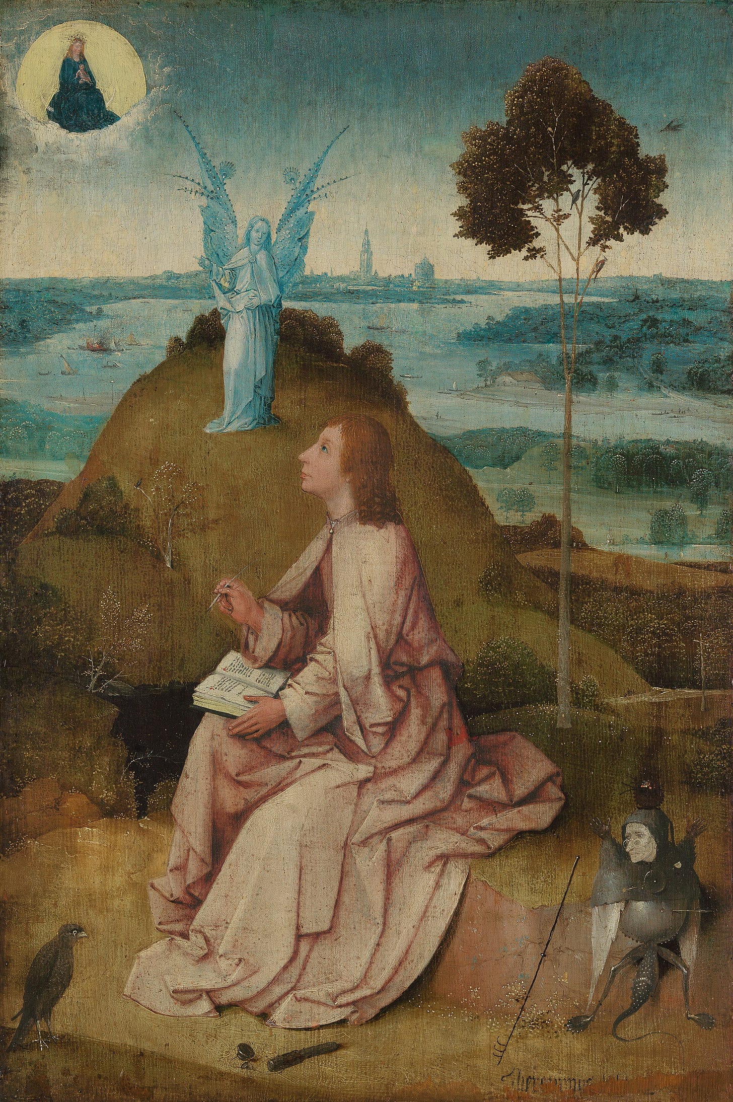 A young saint in a red cloak sits writing on a green hillside, looking up at a small vision of the Virgin and Child in a golden disk, while an angel points to it and a small dark creature crouches in the lower right corner.