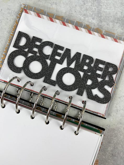 Scrapbook pages with various colors, cut outs, photos, and textured papers.