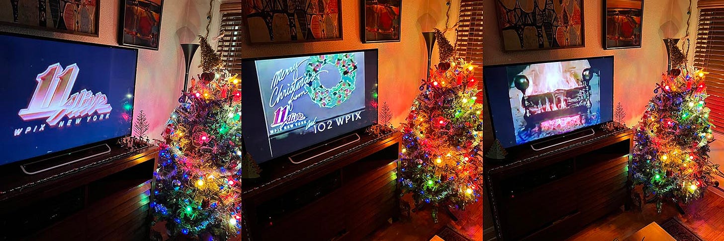 Three images of tv screen next to a Christmas tree: first image "11 Alive" logo, second image "Merry Christmas from 11 alive WPIX and 102 WPIX," third image yule log burning