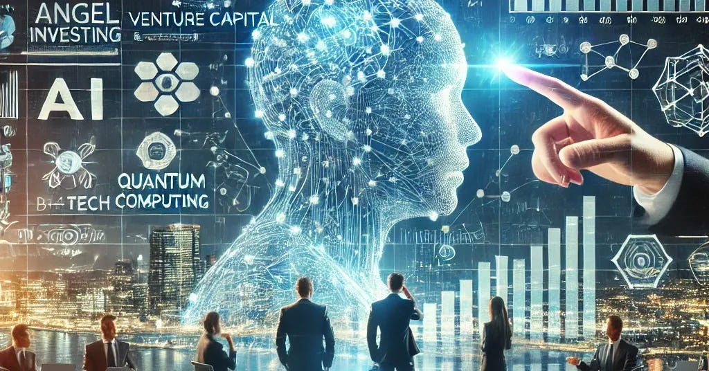 A visually engaging image representing venture capital and angel investing in deeptech. The image features a futuristic financial dashboard with holographic graphs, investment data, and deeptech sectors such as AI, quantum computing, and biotech. In the foreground, a diverse group of investors in business attire analyze startup funding strategies, pointing at market trends and company performance charts. The background showcases a high-tech environment with digital financial interfaces, a modern investment conference setting, and symbols of technological innovation like AI circuits and quantum processors.