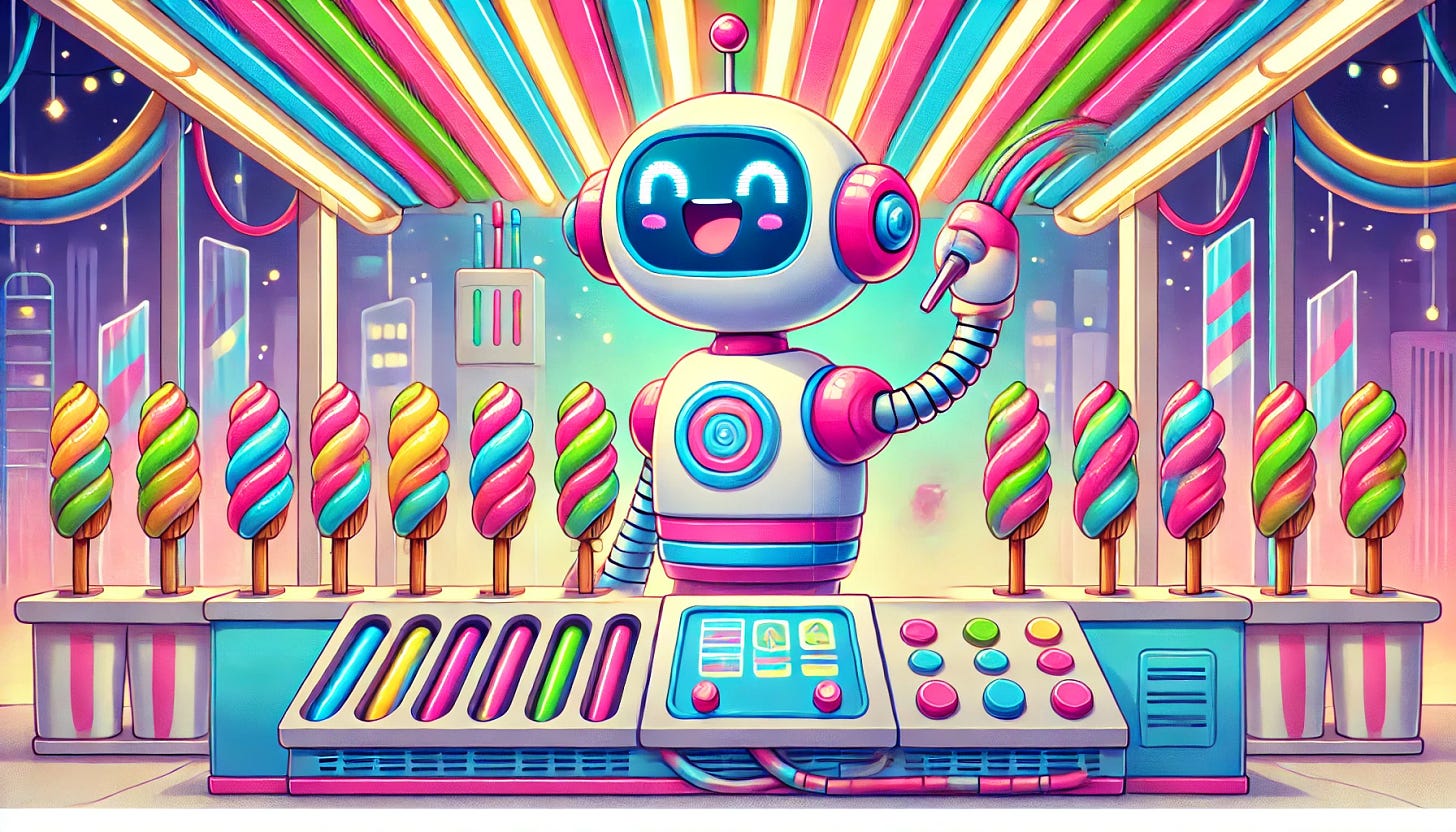 Una ilustración divertida y colorida de un robot simpático y alegre haciendo churros de colores vibrantes en una churrería futurista. El robot, con aspecto amigable, sonríe mientras maneja una máquina de churros que expulsa churros en tonos llamativos como rosa, azul, verde y amarillo. El escenario está decorado con luces neón y detalles futuristas pero acogedores. Formato horizontal en proporción 8:5.