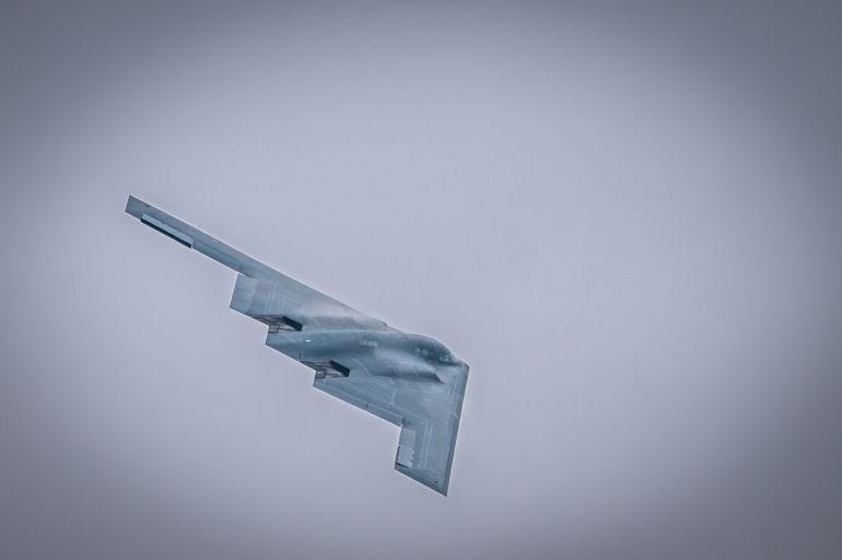U.S. Air Force B-2 Spirit bomber, assigned to the 509th Bomb Wing out of Whiteman Air Force Base, Missouri, performs a fly-over during the Speed of Sound Airshow, at Rosecrans Air National Guard Base in St. Joseph, Missouri, U.S. September 14, 2024.  U.S. Air National Guard/Master Sgt. Patrick Evenson/Handout via REUTERS THIS IMAGE HAS BEEN SUPPLIED BY A THIRD PARTY
