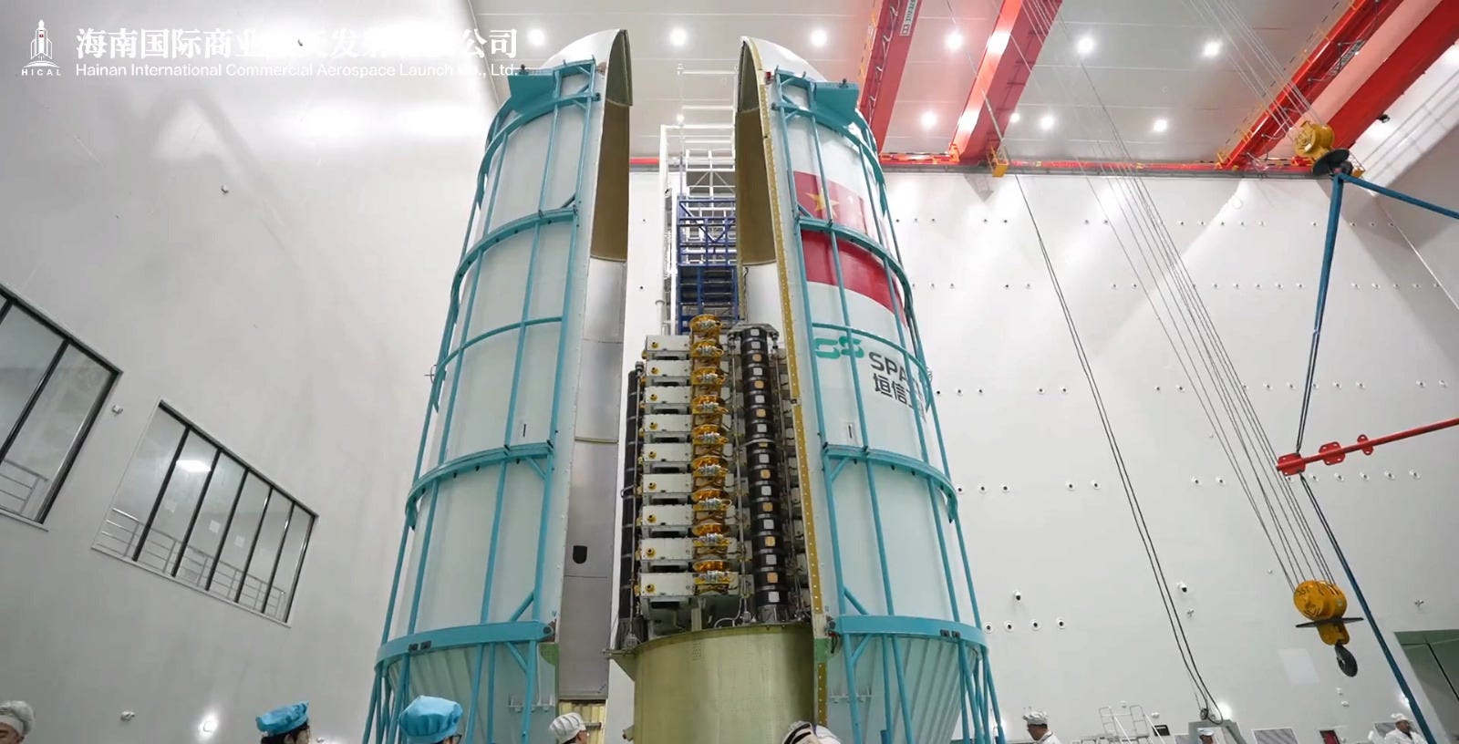 A batch of eighteen Qianfan satellites preparing to launch via a Long March 8 from the Wenchang Commercial Space Launch Site in early 2025.