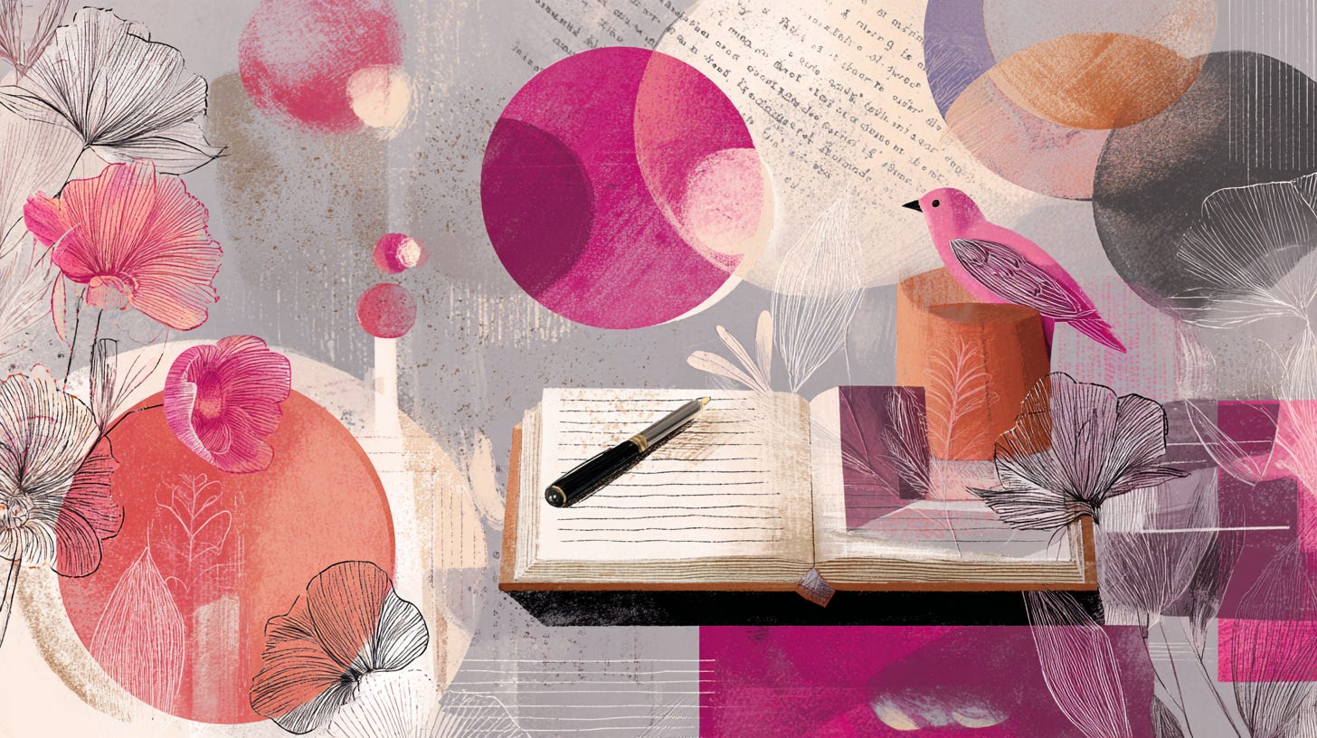 Open journal with a pen resting across its pages, surrounded by abstract floral shapes, soft geometric forms, and a small pink bird, creating a quiet, reflective atmosphere associated with journaling and gentle self-observation.