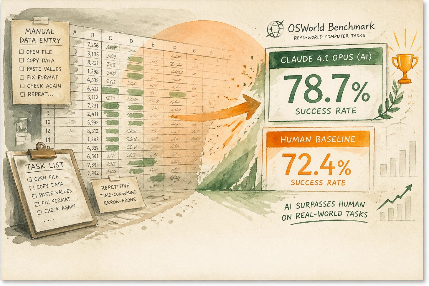 GPT-5.5 scores 78.7% on OSWorld-Verified vs 72.4% human baseline: watercolor spreadsheet grid fading into a benchmark scoreboard showing AI surpassing human desktop task performance