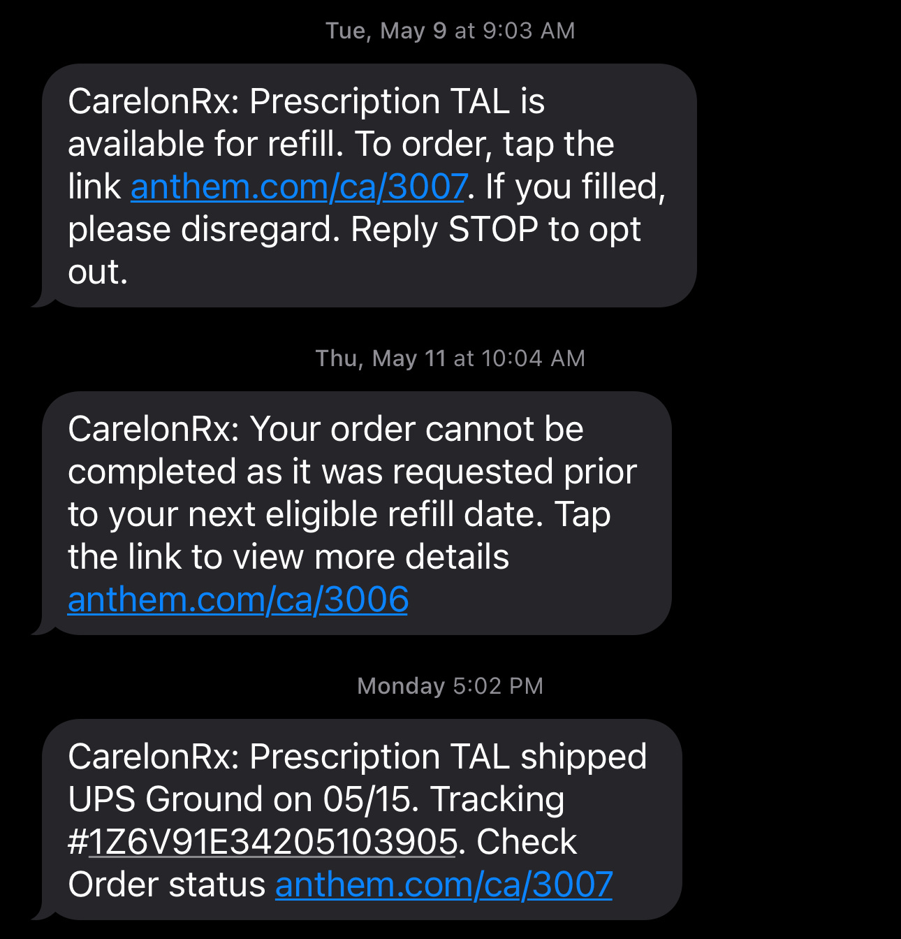 screen shot of text messages to Dr. Owen Muir from carelon