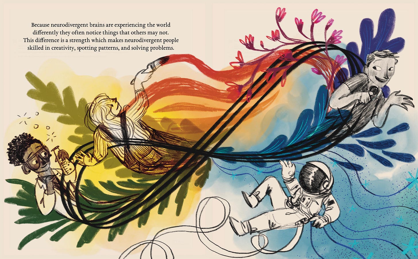 Rainbow infinity symbol with scientist, artist, astronaut and comedian illustrated.