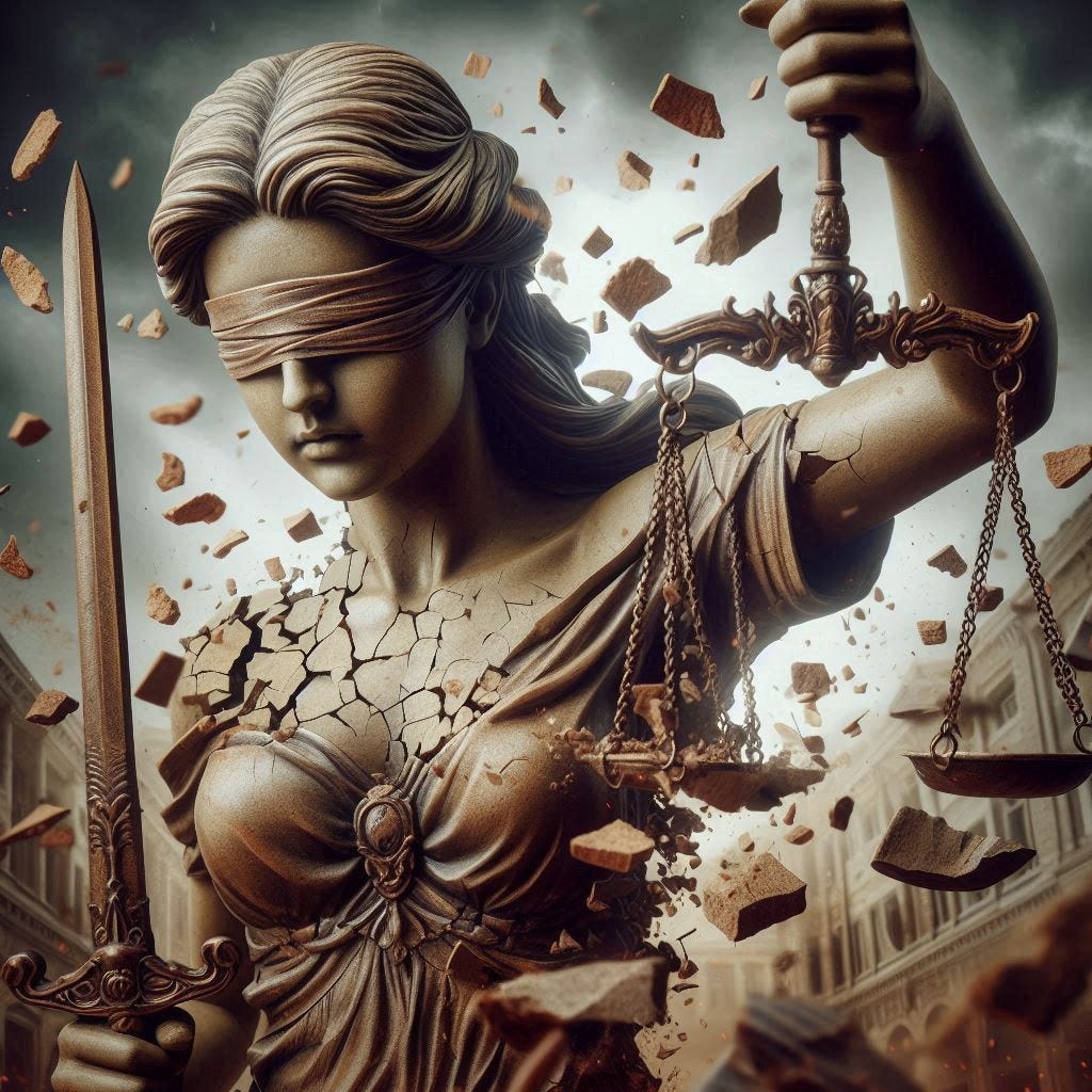 Lady Justice statue breaking itself into pieces