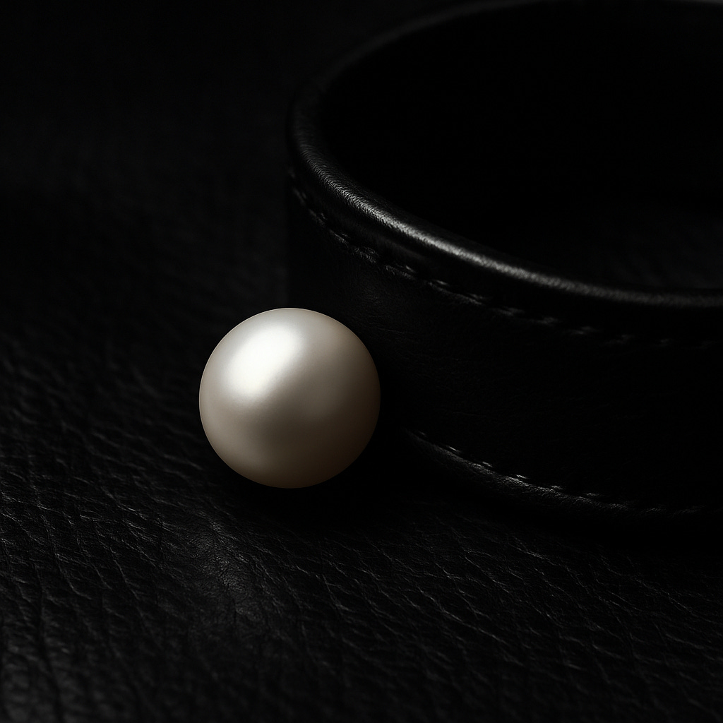 close-up of a single white pearl resting against a black leather cuff band, photographed under soft moody lighting. minimal, cinematic composition representing cuffed episode no. 3 — the notebook process. background is matte black leather, conveying restraint, truth, and craftsmanship. seo tags: cuffed podcast, emotional masculinity, pearl on leather, minimalist podcast cover, cinematic still life.