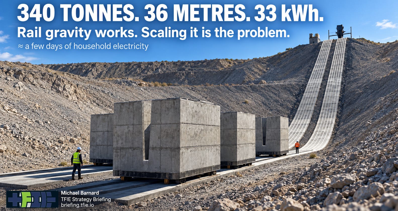 Steep quarry incline with two massive concrete ARES-style gravity-storage cars on parallel chain-driven tracks. Text reads “340 tonnes. 36 metres. 33 kWh gross,” with a worker providing scale. Steep quarry incline with two massive concrete ARES-style gravity-storage cars on parallel chain-driven tracks. Text reads “340 tonnes. 36 metres. 33 kWh gross,” with a worker providing scale.