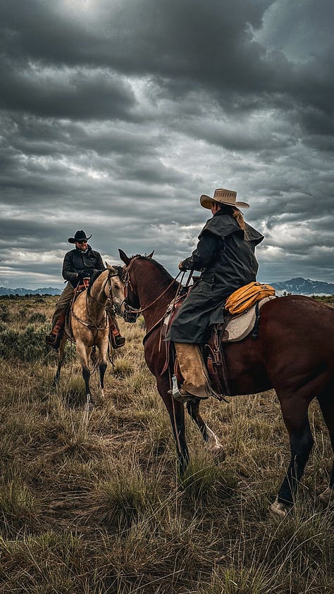 A man on horse back wearing a Filson tin cruiser and a black cowboy hat in the Utah desert with mountains and storm clouds in the background.