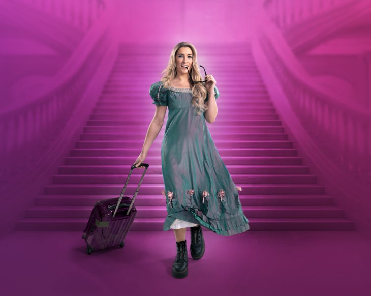 A woman in a blue Regency-style dress holding a pair of sunglasses and pulling a suitcase A woman in a blue Regency-style dress holding a pair of sunglasses and pulling a suitcase