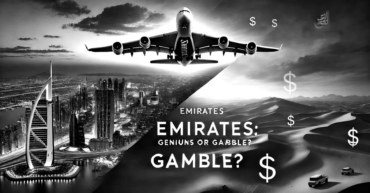 Create a high-contrast, cinematic thumbnail featuring an Emirates A380 soaring above a dramatic desert landscape at sunset. On one side, show a luxurious, modern view of Dubai’s skyline lit up at twilight; on the other, a vast, rugged desert symbolizing humble beginnings. Overlay bold, provocative text in a modern sans-serif font that reads 'Emirates: Genius or Gamble?' in contrasting colors (e.g., white text with a subtle shadow over a darkened area). Include subtle visual hints of controversy—like a faint question mark or subtle dollar sign motifs blended into the background—to evoke mystery and intrigue. The overall style should be sleek, dynamic, and glamorous, designed to capture attention and encourage clicks.