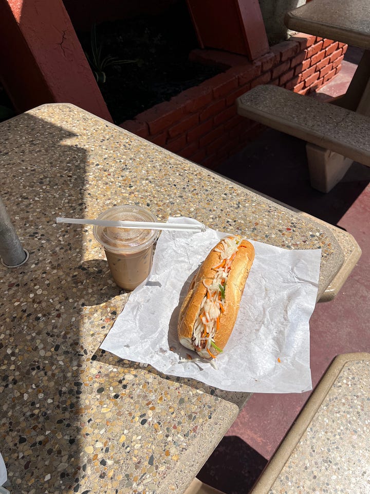Banh Mi My Tho building, iced coffee, sandwich