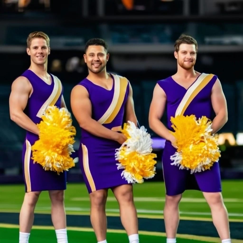 Minnesota Vikings male cheerleaders wearing dresses with pom poms Minnesota Vikings male cheerleaders wearing dresses with pom poms