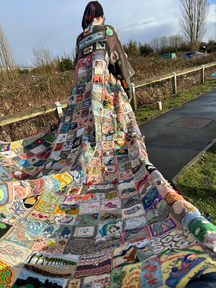 Four images of a patchwork coat
