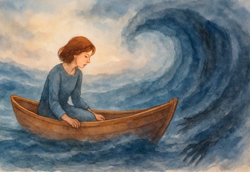 Watercolor painting of a woman sitting alone in a small wooden boat on turbulent seas as a dark, wave-shaped shadow looms nearby. The image symbolizes the emotional turmoil and danger of staying in toxic relationships and the strength it takes to break free.