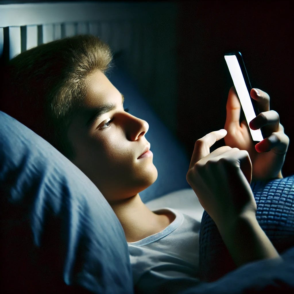 young boy in bed scrolling on his phone late at night.
