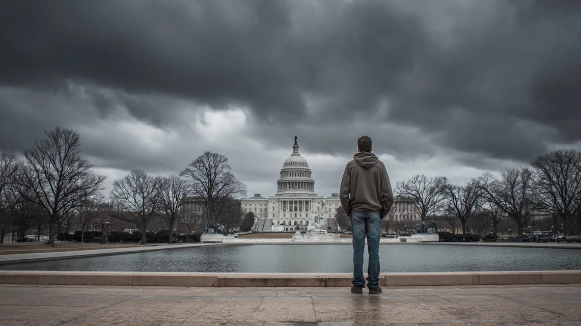 A lone man standing before the United States Capitol building under a heavy overcast sky viewed from the National Mall reflecting pool.