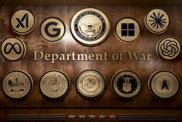 Logos of major tech companies with defense contracts left to right Meta xAI Google Microsoft Anthropic OpenAI added to a photo of Pentagon plaques showcasing the US armed services Photo illustration by Thomas Gaulkin source photo by Celal Güneş  Anadolu