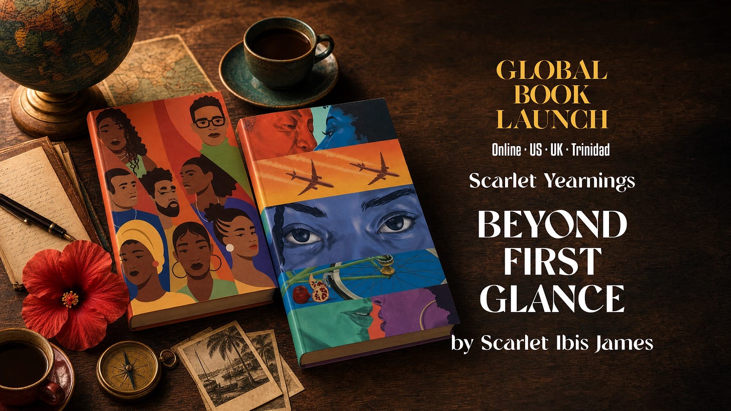 A cinematic flat-lay photograph on a warm mahogany wooden table, lit with golden candlelight. Two hardcover books are placed side by side at the centre of the composition, leaning slightly toward each other. The book on the left is the Trade Edition of Scarlet Yearnings: Beyond First Glance by Scarlet Ibis James, featuring an illustrated cover of eight diverse Black characters in warm oranges, reds, and greens. The book on the right is the Collector's Edition, featuring bold horizontal colour bands of red, orange, blue, teal, and purple, with a close-up of expressive eyes, an aeroplane in flight, a pomegranate, a bicycle wheel, and two figures in profile. Surrounding the books are a vintage globe in the upper left, a steaming cup of black coffee on a teal saucer, an open handwritten journal, a fountain pen, a brass compass, a scarlet red hibiscus flower, a small clay cup, and scattered black-and-white vintage travel photographs of a tropical coastline. The right side of the image is open dark space, suggesting room for a title overlay.