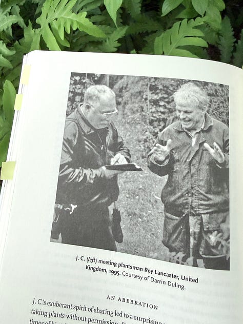 JC Raulston with Sir Roy Lancaster, an illustration of departed garden writers, and JC in Vietnam.