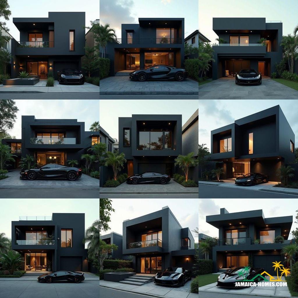 Modern Jamaican townhouse in Kingston, matte black, bold geometric forms, recessed windows, flat roof, protruding entrances, rooftop lounge and spa, geometric landscaping, luxury black supercar, cinematic film still, 35mm film grain, vignette, color graded, cinematic lighting, futuristic urban elegance, inspired by Syd Mead, Antoni Gaudí, and Zaha Hadid's sleek architecture, dramatic contrasts, atmospheric.

