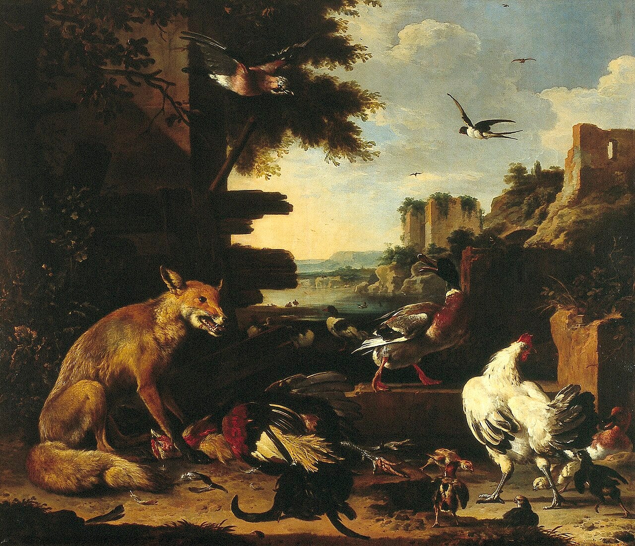 Peacocks, hens and songbirds gather among trees and classical ruins in a grand scene Peacocks, hens and songbirds gather among trees and classical ruins in a grand scene