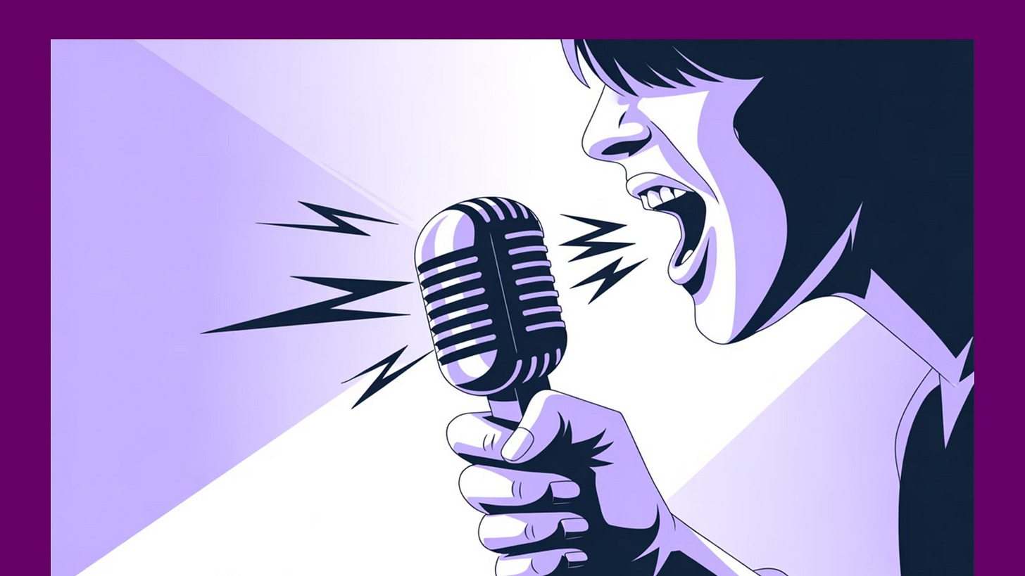 Illustration of a person shouting into an old-style microphone, sound lines radiating out as if the voice is amplified and intense. The image uses bold purple tones to show the force and volume of an inner critic taking over.
