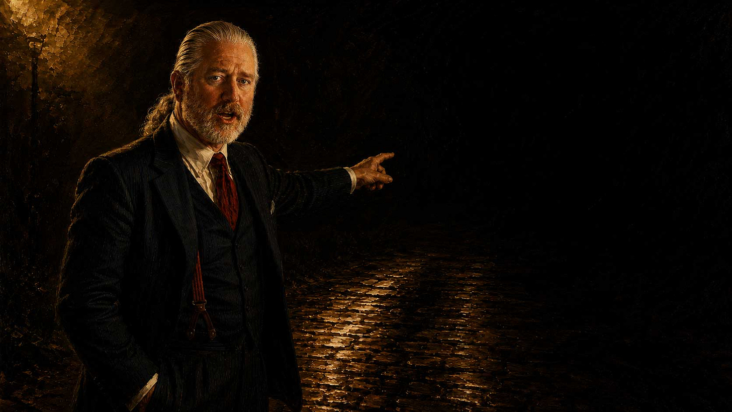 Rick Horowitz, in a pinstripe suit, stands on a dark cobblestone road at night and points down the road as it vanishes into shadow, his mouth open as though he is giving directions — a chiaroscuro oil painting.
