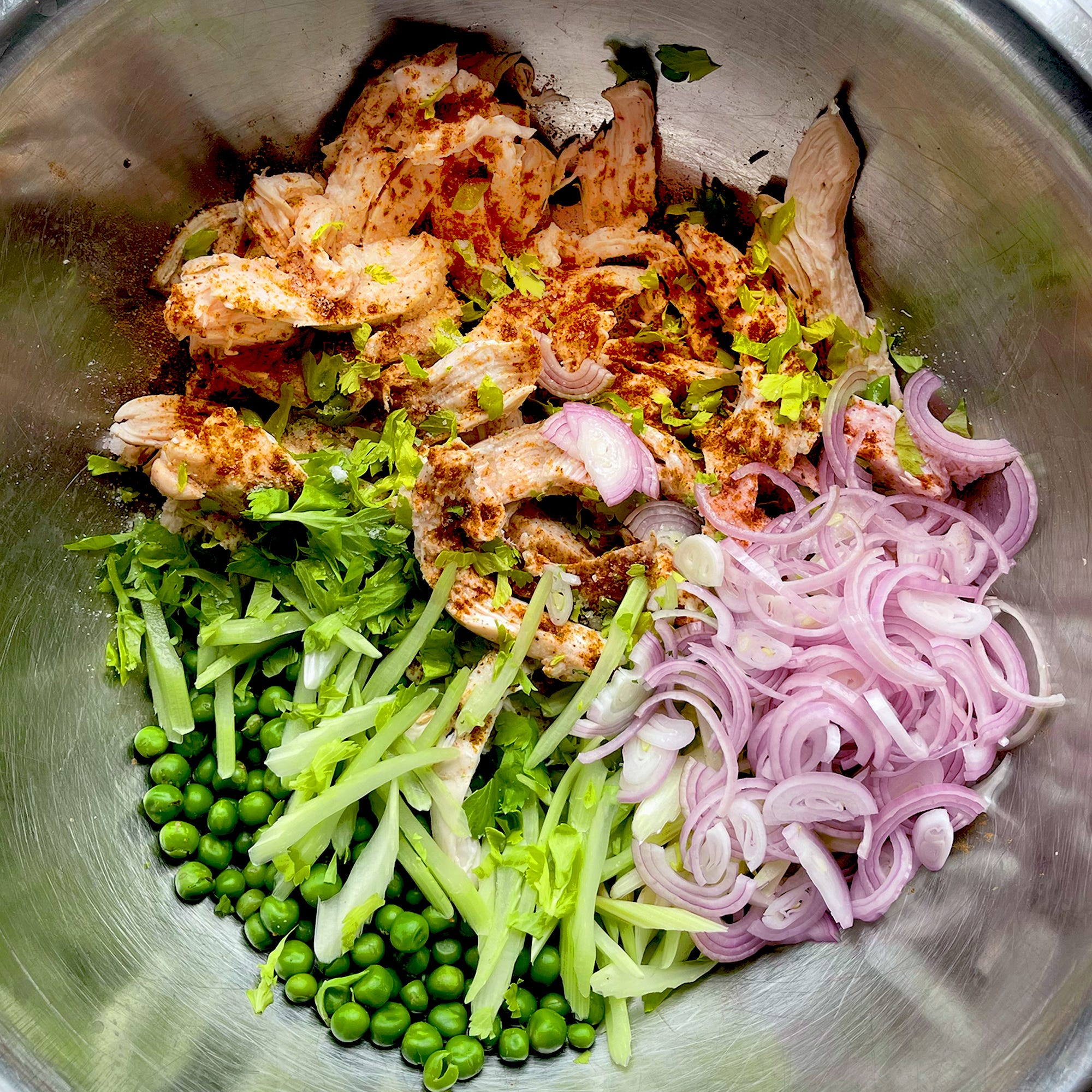 Old Bay chicken and pea salad & camping-style Japanese lentil curry