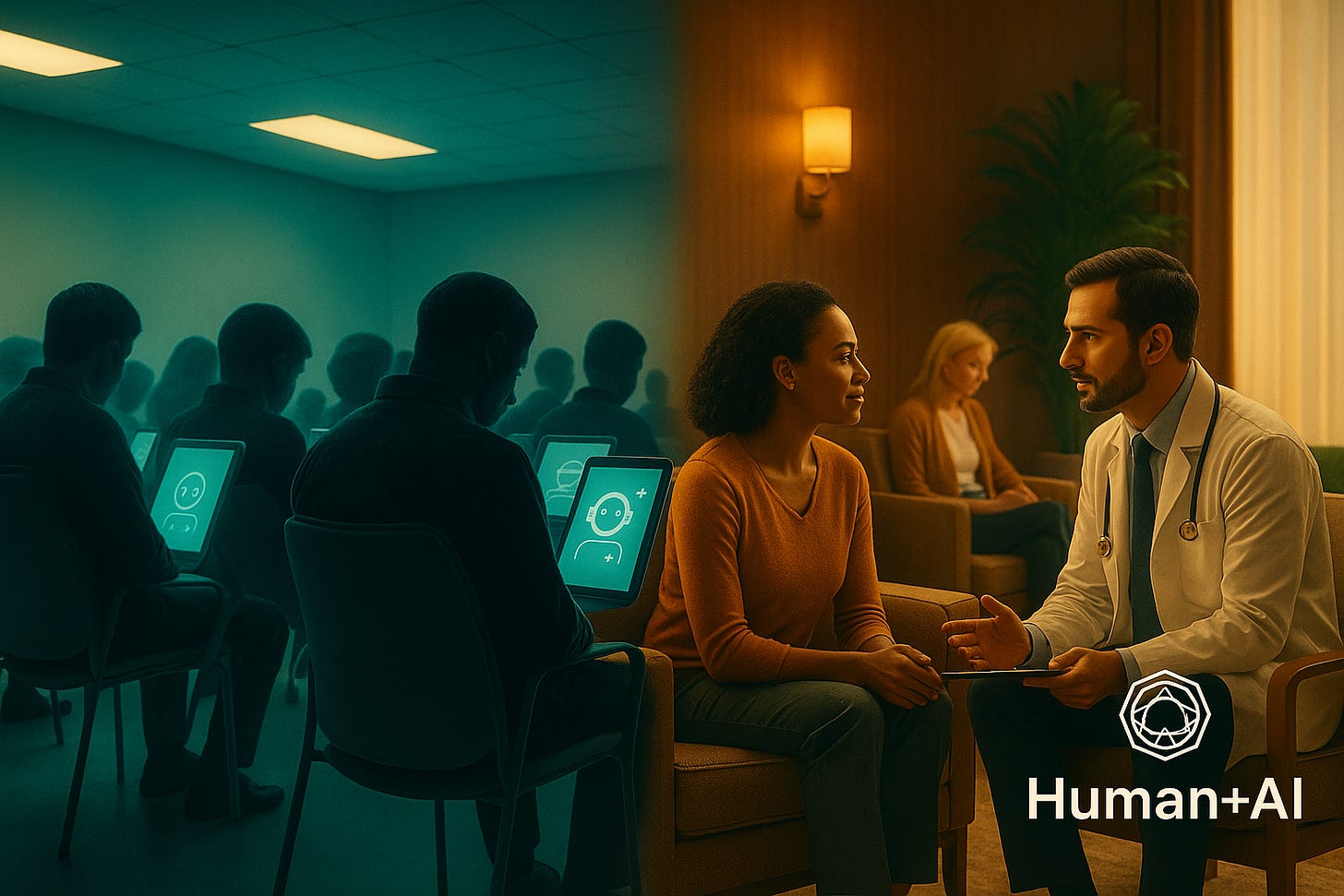 Split-screen illustration of two waiting rooms: one cold teal room with faceless patients using AI tablets, the other a warm amber space with plush seating and real doctors, symbolizing authenticity as a premium in the age of AI.