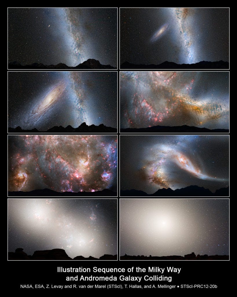 Earth’s sky at various stages of our collision with Andromeda.
Image Credit: NASA/ESA Earth’s sky at various stages of our collision with Andromeda.
Image Credit: NASA/ESA
