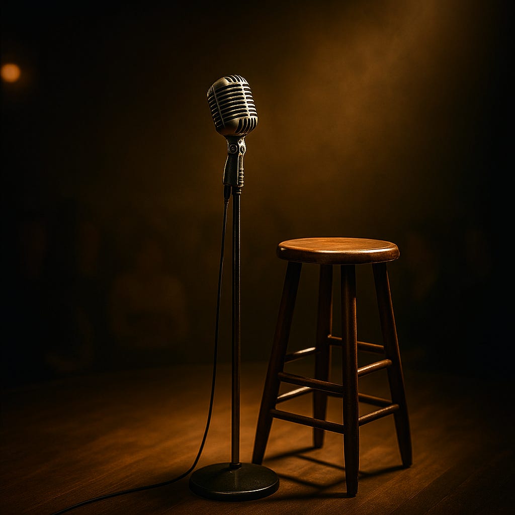 smokey comedy room with wooden stool on stage next to mic
