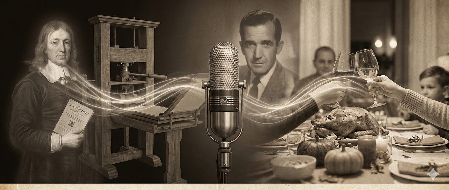A sepia-toned composite photograph showing three distinct sections connected by wavy, glowing light trails. On the far left, a portrait of John Milton holding a book next to a wooden printing press. In the center, a vintage silver microphone with a portrait of Edward R. Murrow in the background. On the far right, a family enjoys a Thanksgiving dinner, with hands raising wine glasses in a toast. The entire image has a vintage, aged paper texture.