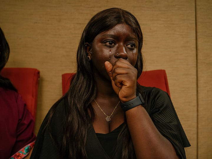 (1) An activist cries during a debate on lifting Gambia’s 2015 ban on female genital mutilation at the National Assembly in Banjul on March 18. Though advanced initially, the bill was rejected in July. Carmen Yasmine Abd Ali. (2) Gil Howard, an 82-year-old retired professor turned driving instructor, helps Khalida Noori stay centered in a highway lane in Modesto, Calif., Feb. 21. Locals say he’s taught more Afghan women drivers there than exist in all of Afghanistan. Rachel Bujalski—The New York Times/Redux.