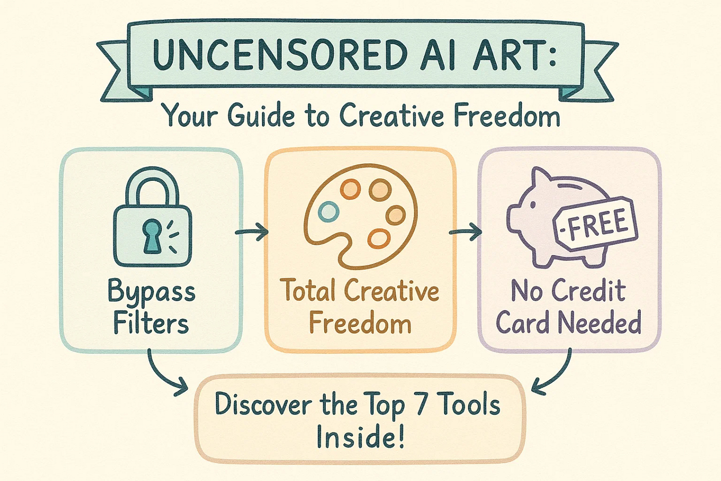 An infographic cover for a blog post reviewing the 7 best free uncensored AI image generators, highlighting features like no filters and no credit card required.