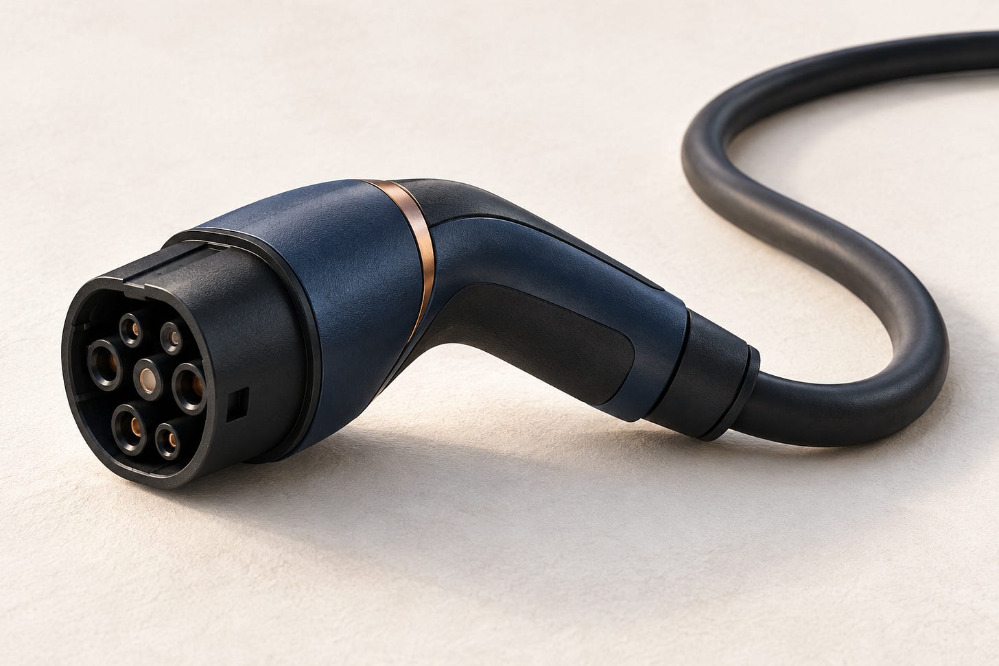 Illustrated charging connector and a loosely curved cable on a light surface. Illustrated charging connector and a loosely curved cable on a light surface.