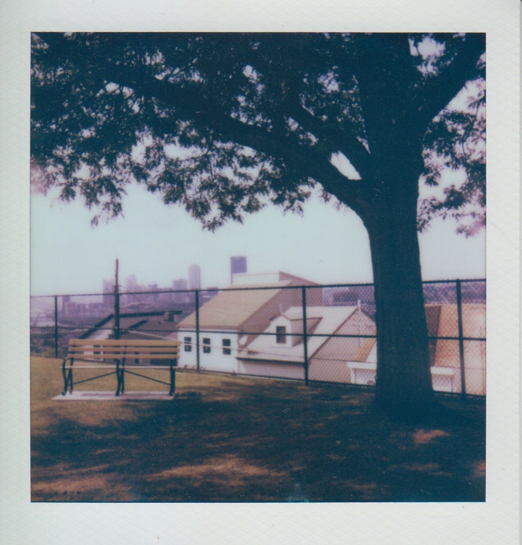 Polaroid of the Eleanor Street park with downtown Pittsburgh in the background.