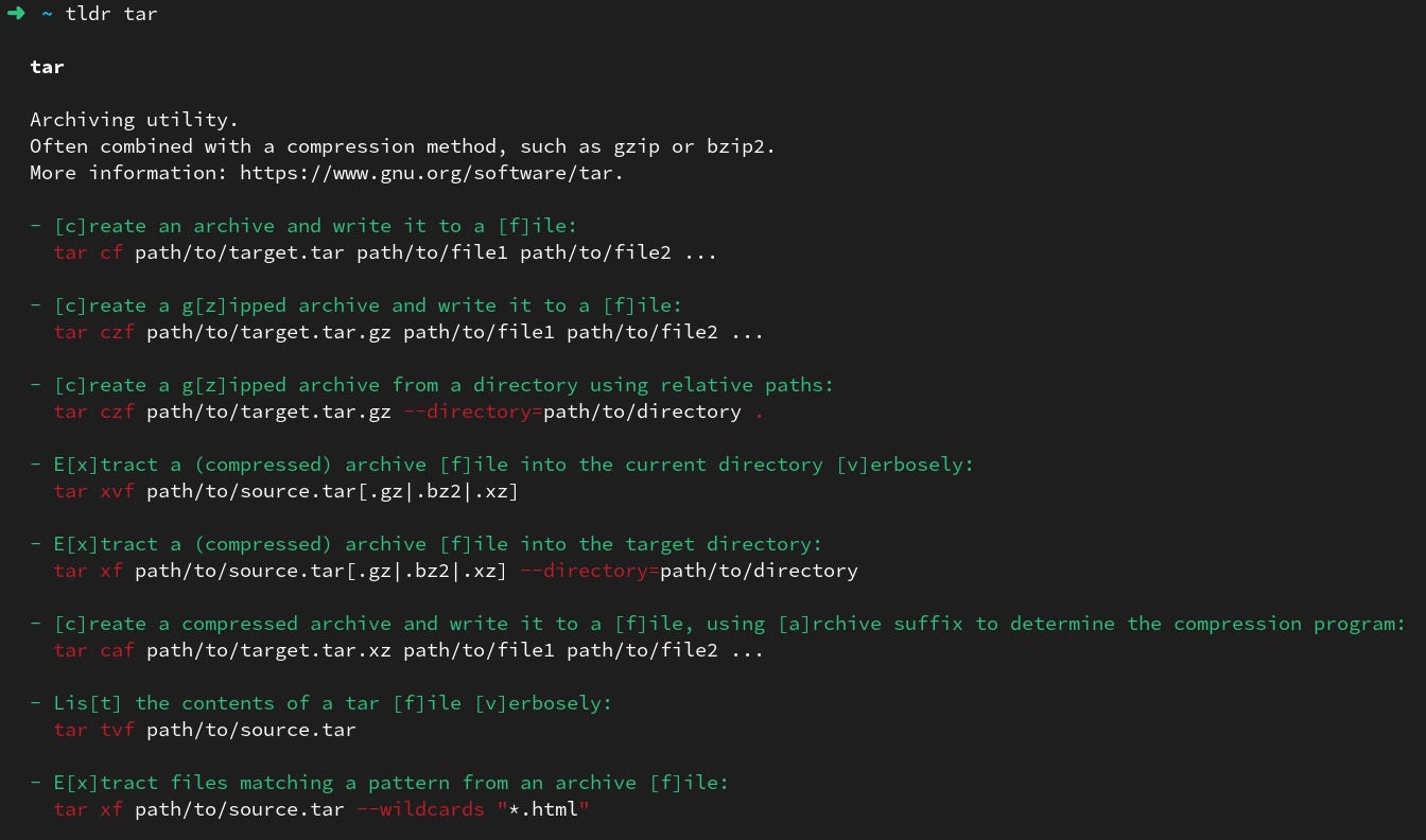 Screenshot of the tldr client displaying the tar command.
